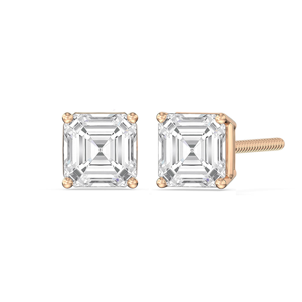 Classic Asscher Stud Earrings with 14KT Rose Gold / Lab / 2 Cut Diamond in 14KT Rose Gold / Lab / 2 view 1
