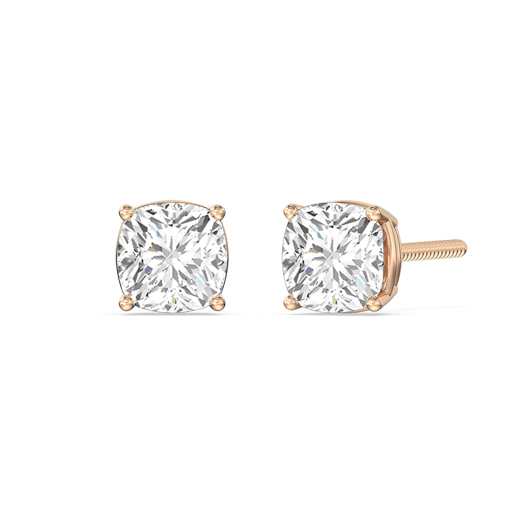 Classic Cushion Stud Earrings with 14KT Rose Gold / Lab / 1 Cut Diamond in 14KT Rose Gold / Lab / 1 view 1
