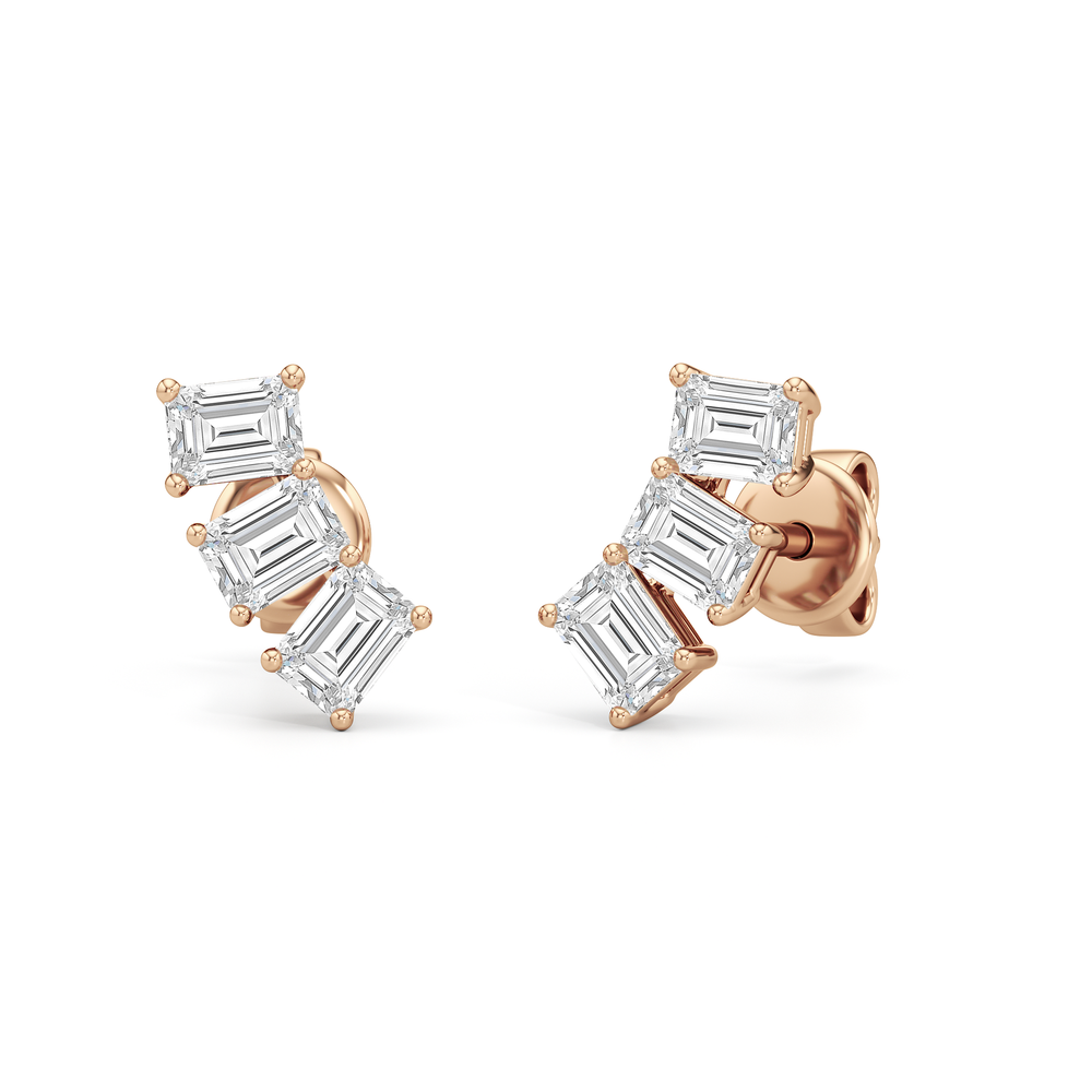 Trilogy Emerald Cut Climber Earrings with 14KT Rose Gold / Left / 1/2 Cut Diamond in 14KT Rose Gold / Left / 1/2 view 1
