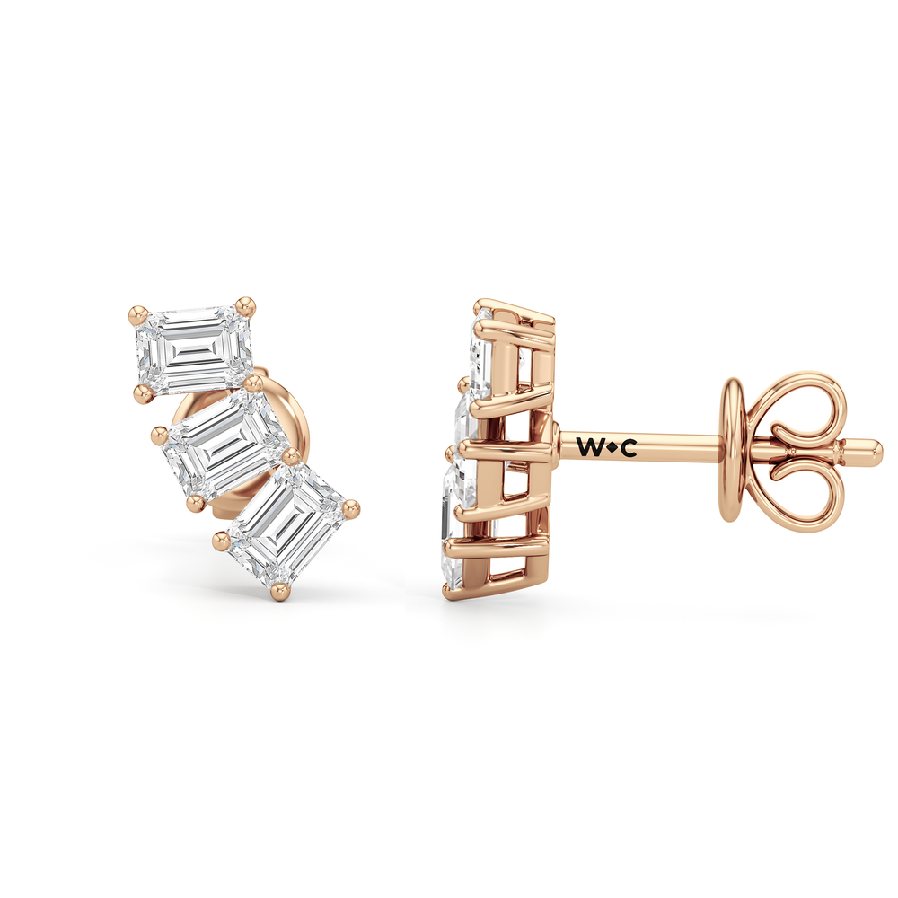Trilogy Emerald Cut Climber Earrings with 14KT Rose Gold / Right / 1/2 Cut Diamond in 14KT Rose Gold / Right / 1/2 view 6
