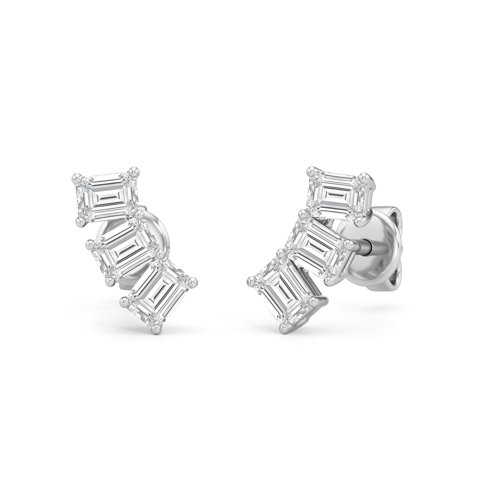 Trilogy Emerald Cut Climber Earrings with 14KT White Gold / Right / 1/2 Cut Diamond in 14KT White Gold / Right / 1/2 view 1
