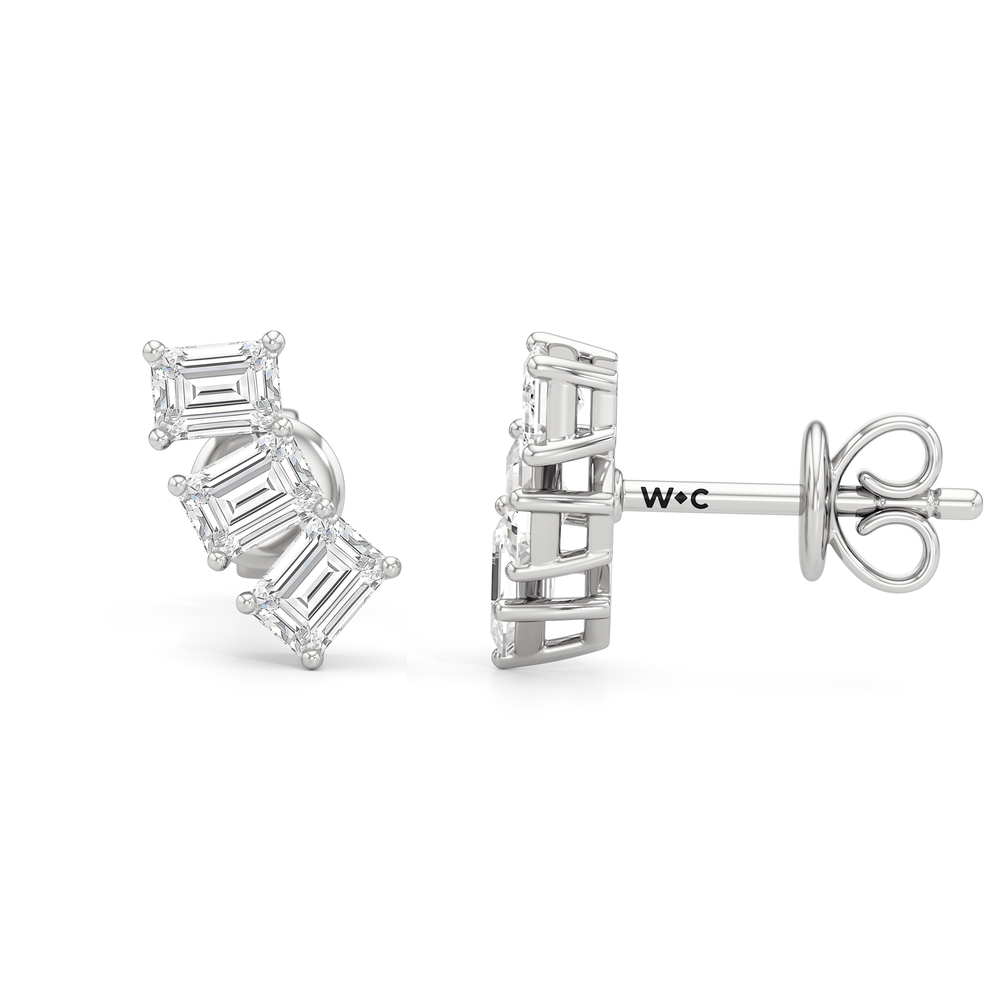 Trilogy Emerald Cut Climber Earrings with 14KT White Gold / Left / 1/2 Cut Diamond in 14KT White Gold / Left / 1/2 view 6
