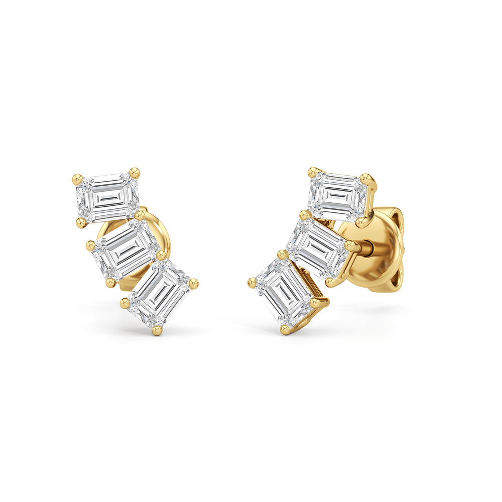 Trilogy Emerald Cut Climber Earrings with 14KT Yellow Gold / Right / 1/2 Cut Diamond in 14KT Yellow Gold / Right / 1/2 view 1
