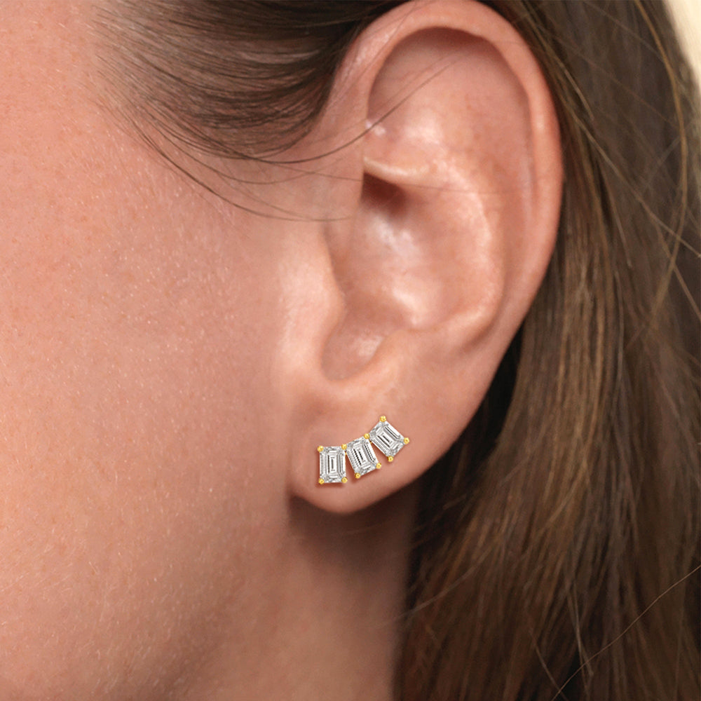 Trilogy Emerald Cut Climber Earrings with 14KT White Gold / Right / 1/2 Cut Diamond in 14KT White Gold / Right / 1/2 view 3
