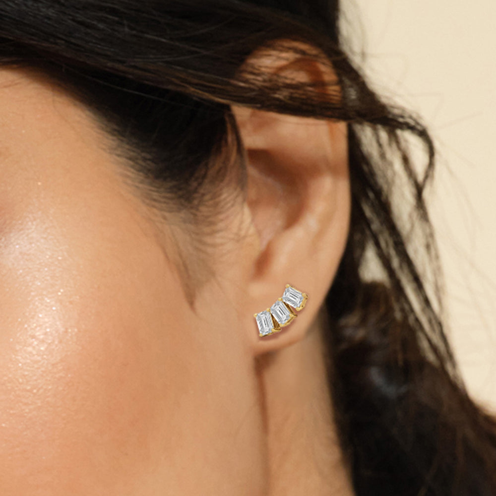 Trilogy Emerald Cut Climber Earrings with 14KT Yellow Gold / Right / 1/2 Cut Diamond in 14KT Yellow Gold / Right / 1/2 view 2
