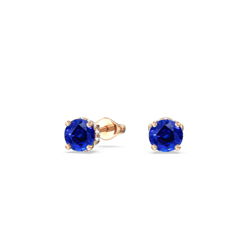 Round Created Sapphire and Lab Diamond Classic Solitaire Under-Halo Earrings with 14KT Rose Gold Cut Diamond in 14KT Rose Gold view 1
