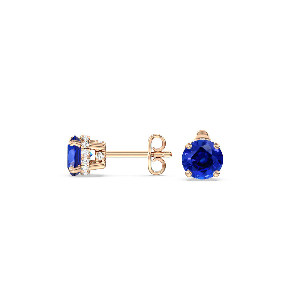 Round Created Sapphire and Lab Diamond Classic Solitaire Under-Halo Earrings with 14KT Rose Gold Cut Diamond in 14KT Rose Gold view 2
