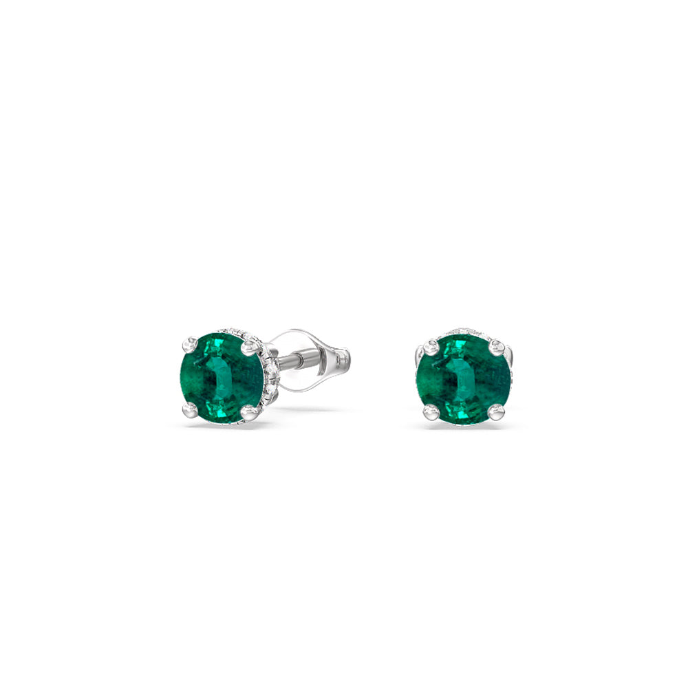 Round Shape Emerald and Lab Diamond Classic Solitaire Under-Halo Earrings with 7 Cut Diamond in 14KT White Gold view 1
