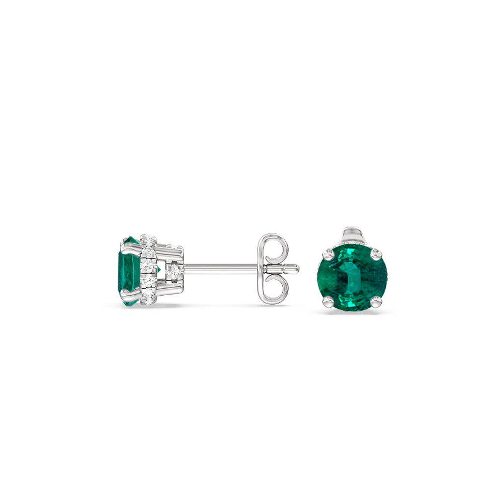 Round Shape Emerald and Lab Diamond Classic Solitaire Under-Halo Earrings with 7 Cut Diamond in 14KT White Gold view 2

