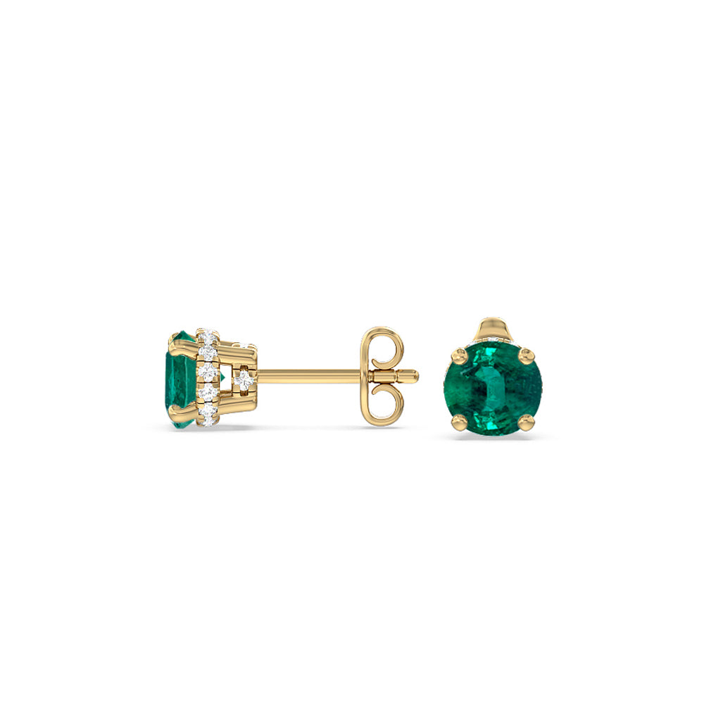 Round Shape Emerald and Lab Diamond Classic Solitaire Under-Halo Earrings with 7 Cut Diamond in 14KT Yellow Gold view 2
