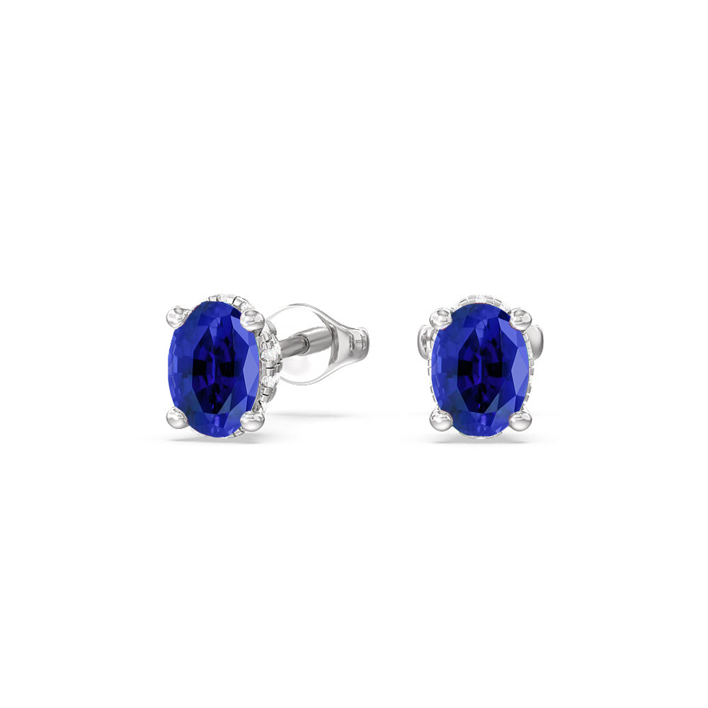 Oval Created Sapphire and Lab Diamond Classic Solitaire Under-Halo Earrings with 14KT White Gold Cut Diamond in 14KT White Gold view 1
