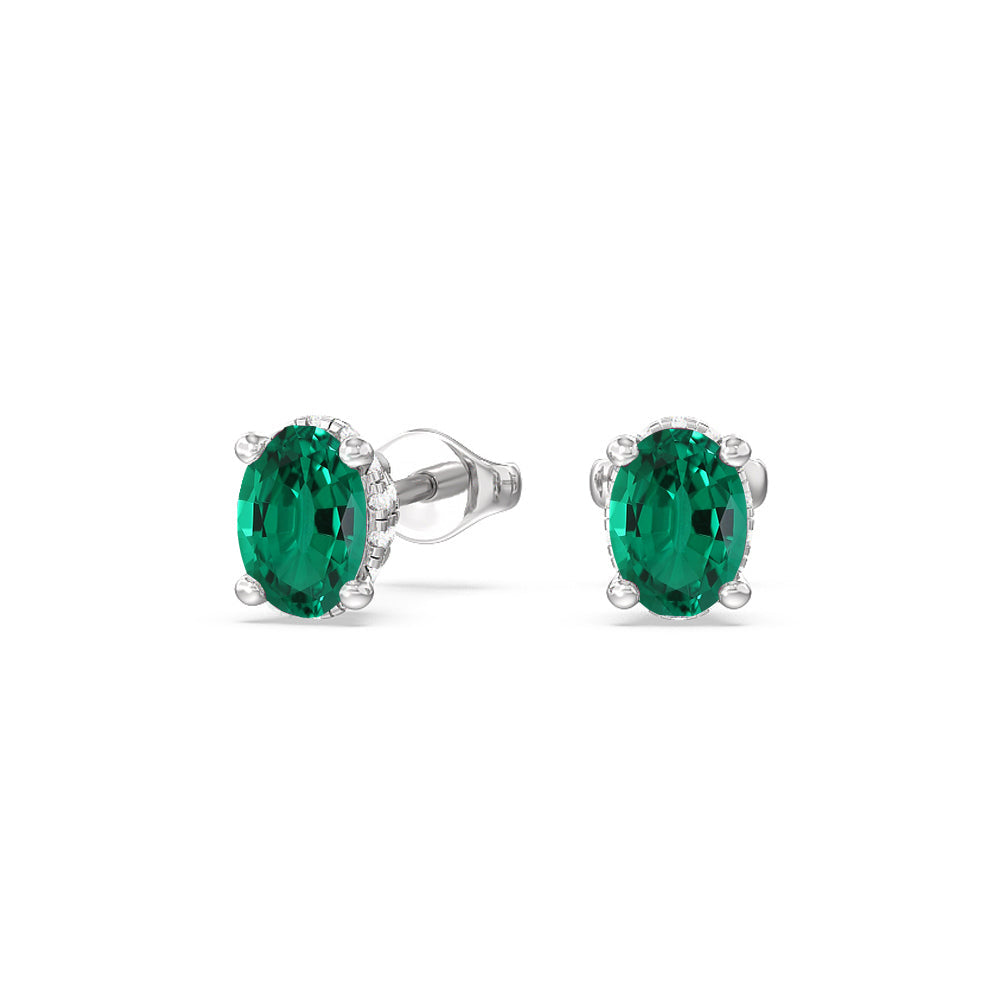 Oval Shape Created Emerald and Lab Diamond Classic Solitaire Under-Halo Earrings with 14KT White Gold Cut Diamond in 14KT White Gold view 1
