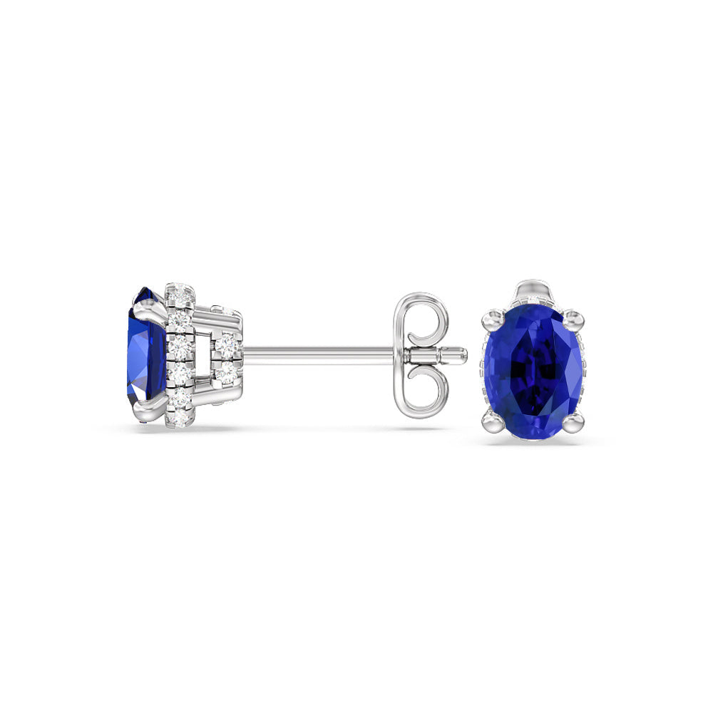 Oval Created Sapphire and Lab Diamond Classic Solitaire Under-Halo Earrings with 14KT White Gold Cut Diamond in 14KT White Gold view 2
