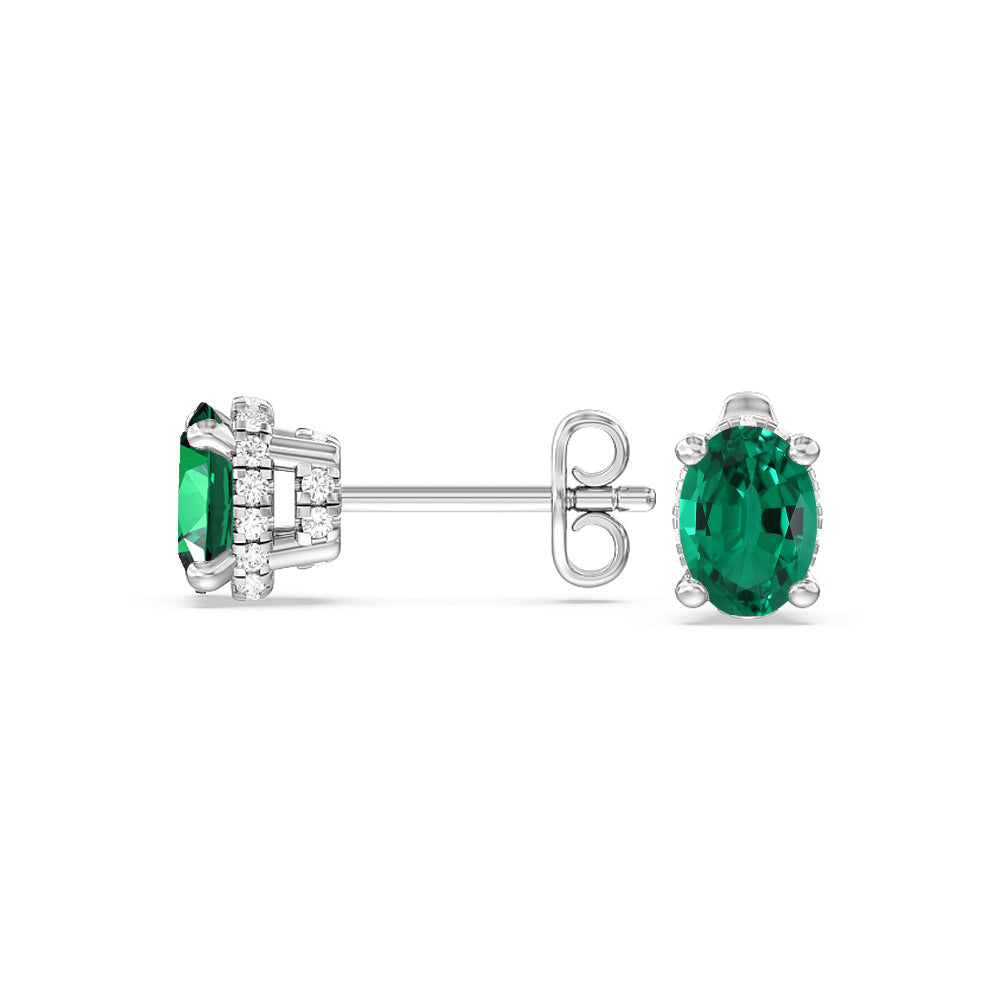Oval Shape Created Emerald and Lab Diamond Classic Solitaire Under-Halo Earrings with 14KT White Gold Cut Diamond in 14KT White Gold view 2
