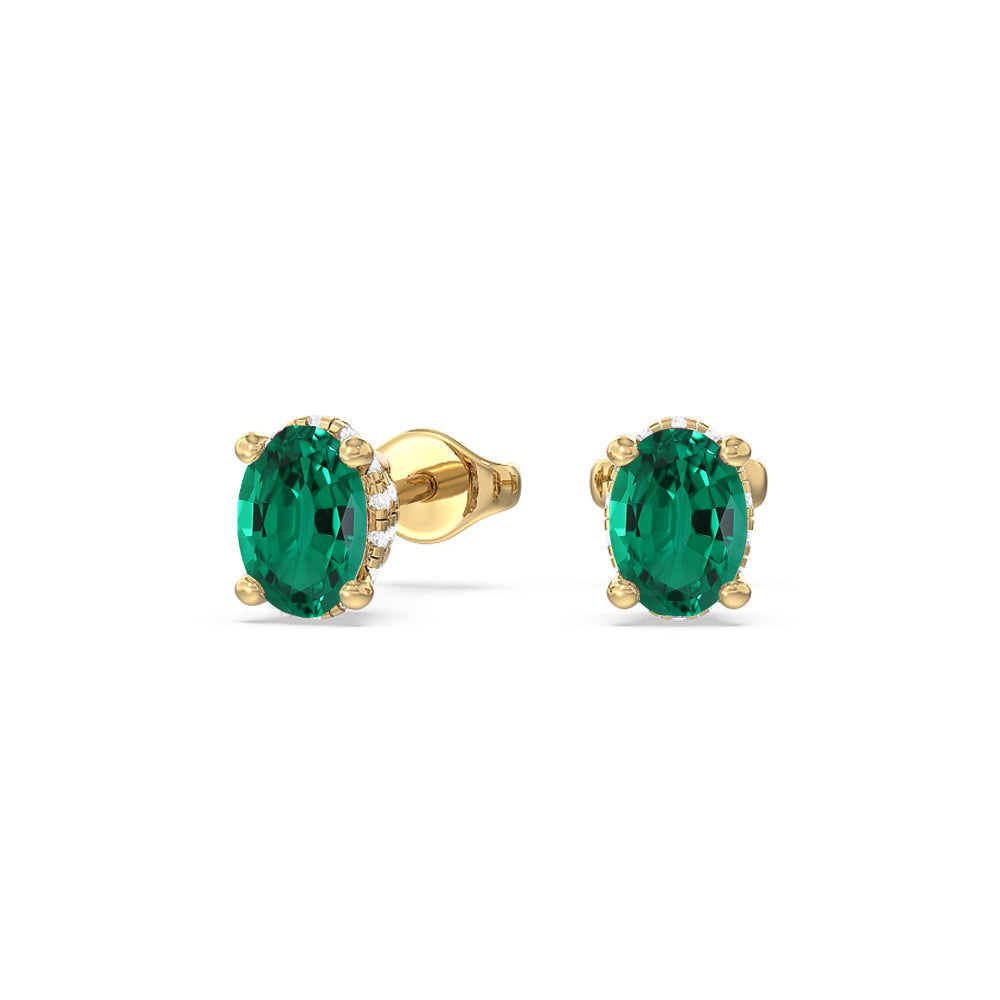 Oval Shape Created Emerald and Lab Diamond Classic Solitaire Under-Halo Earrings with 14KT Yellow Gold Cut Diamond in 14KT Yellow Gold view 1
