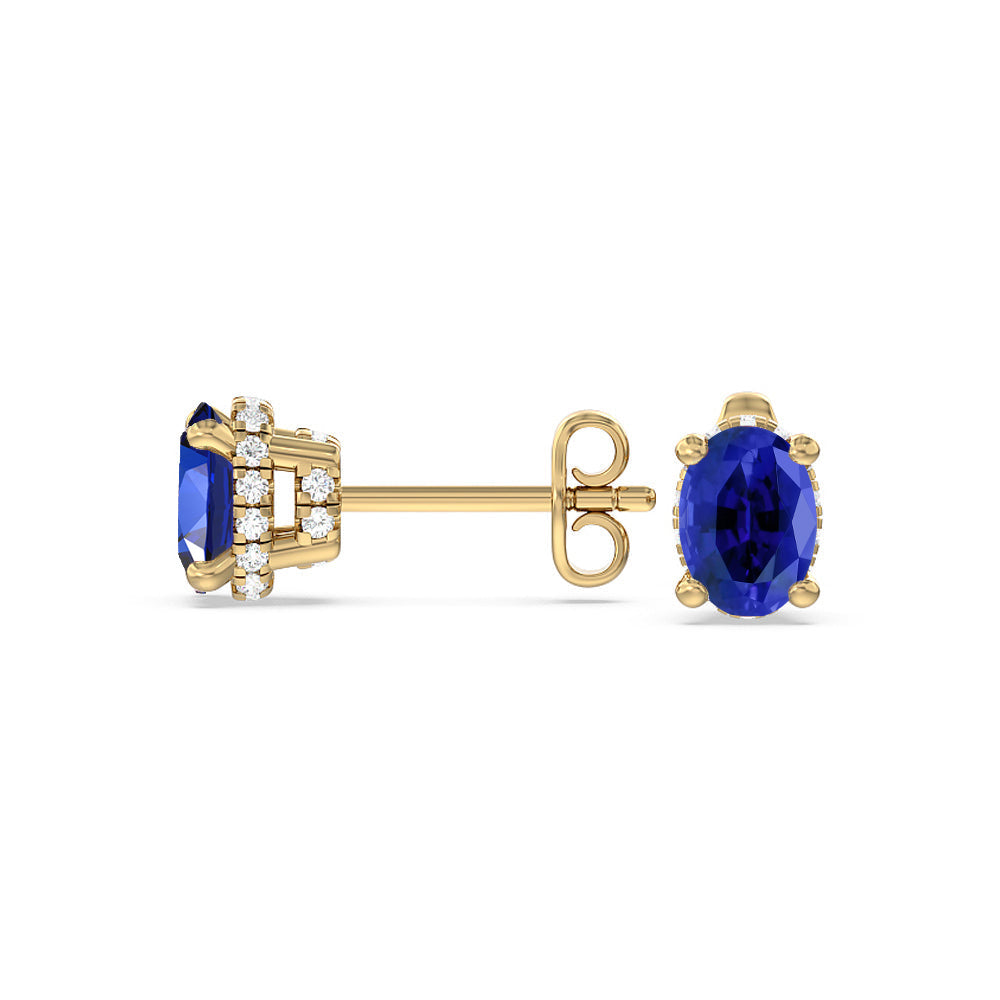 Oval Created Sapphire and Lab Diamond Classic Solitaire Under-Halo Earrings with 14KT Yellow Gold Cut Diamond in 14KT Yellow Gold view 2
