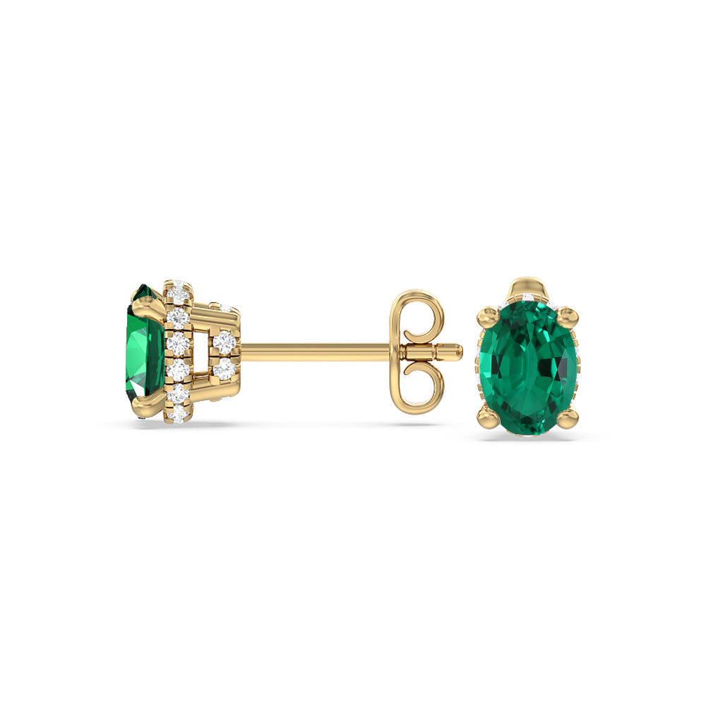 Oval Shape Created Emerald and Lab Diamond Classic Solitaire Under-Halo Earrings with 14KT Yellow Gold Cut Diamond in 14KT Yellow Gold view 2
