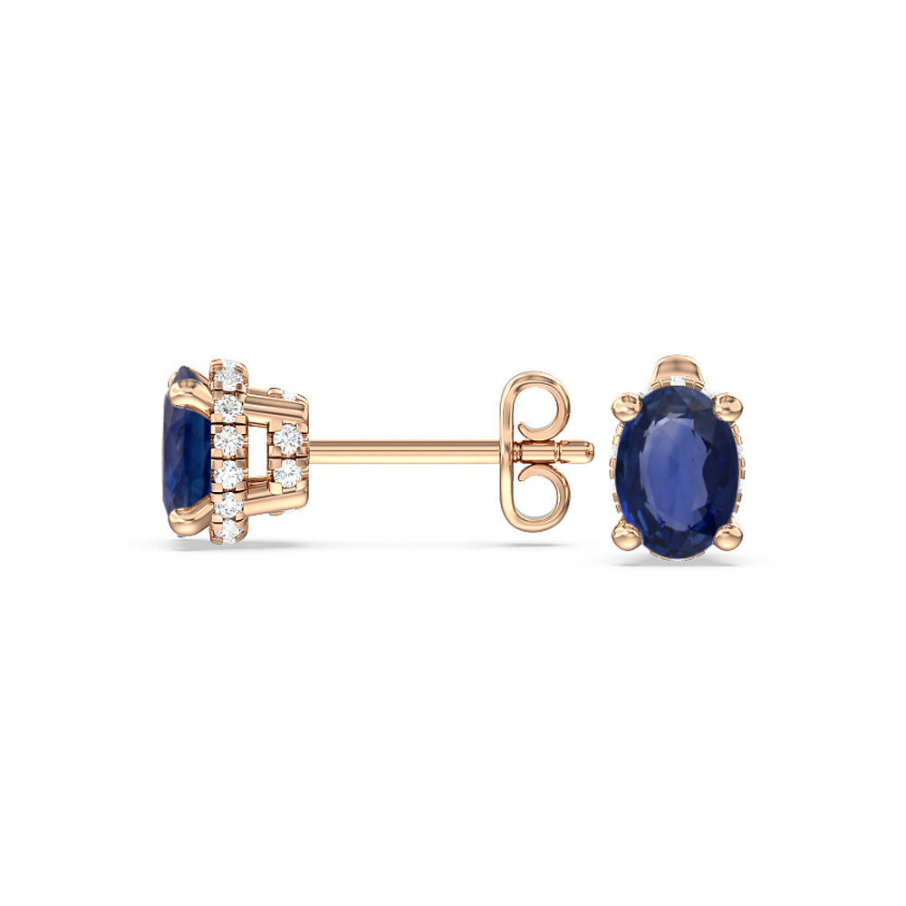 Oval Sapphire and Lab Diamond Classic Solitaire Under-Halo Earrings with 8x6 Cut Diamond in 14KT Rose Gold view 2
