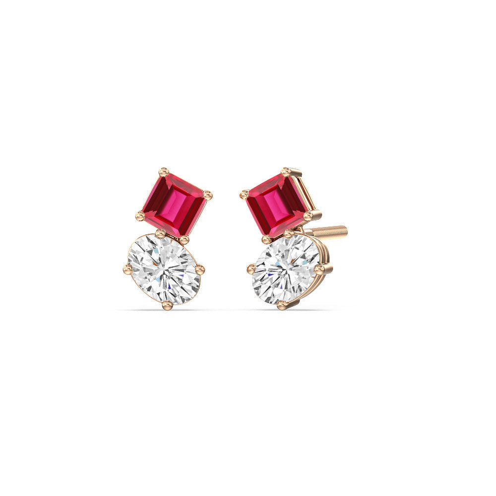 Toi Et Moi Created Ruby Square Emerald and Oval Diamond Stud Earrings with 14KT Rose Gold Cut Diamond in 14KT Rose Gold view 1
