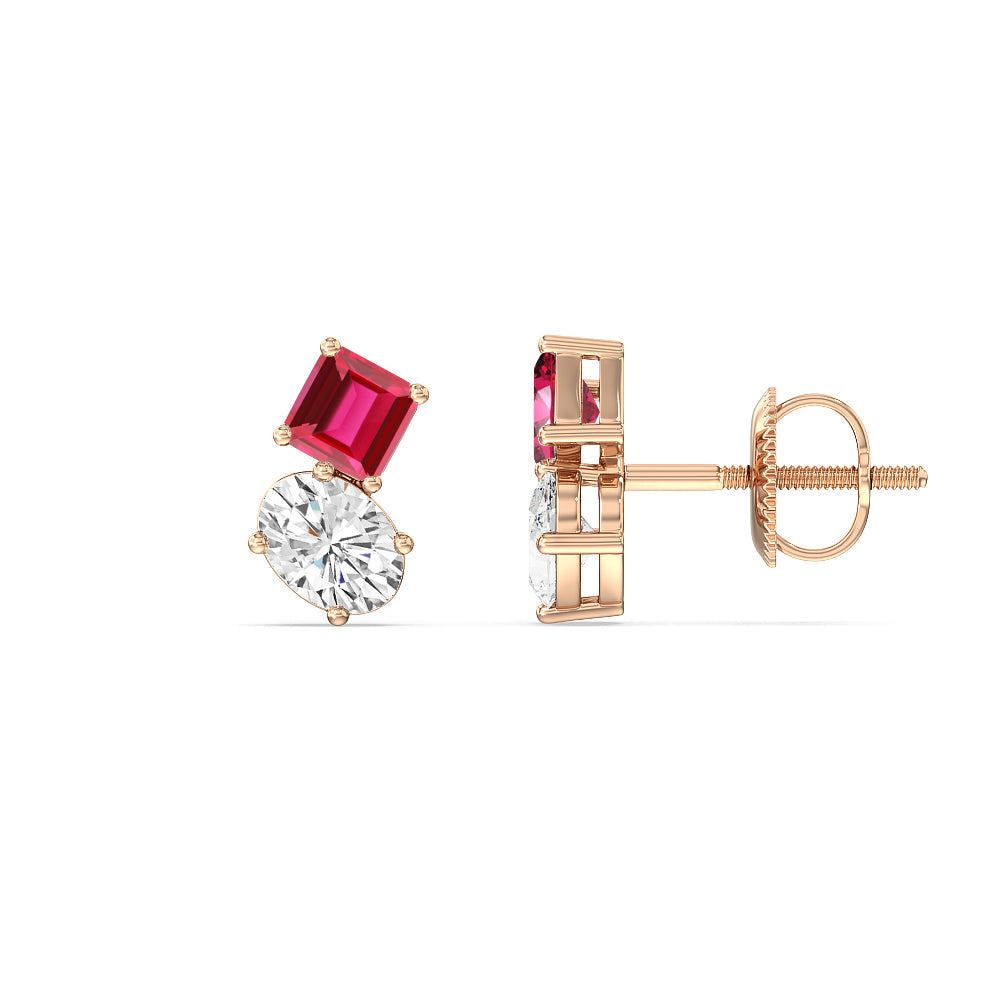 Toi Et Moi Created Ruby Square Emerald and Oval Diamond Stud Earrings with 14KT Rose Gold Cut Diamond in 14KT Rose Gold view 2
