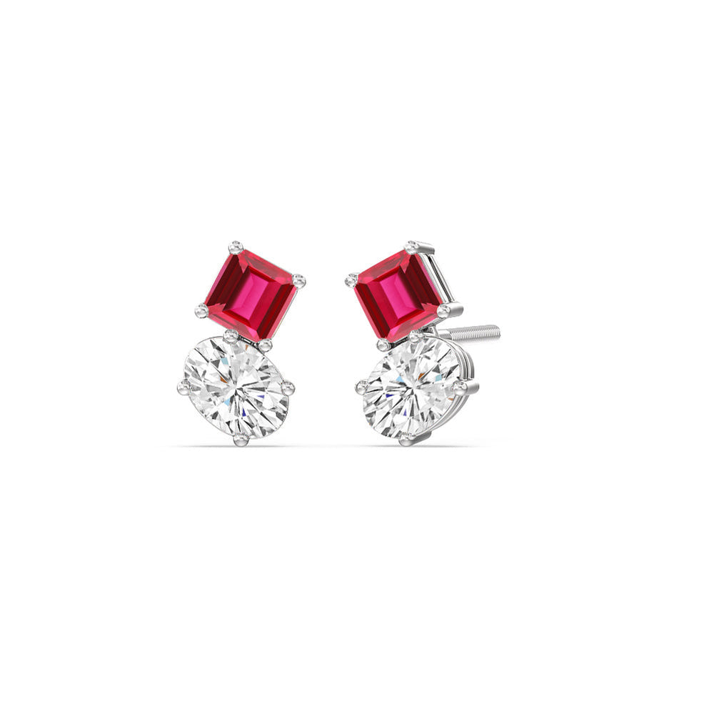 Toi Et Moi Created Ruby Square Emerald and Oval Diamond Stud Earrings with 14KT White Gold Cut Diamond in 14KT White Gold view 1
