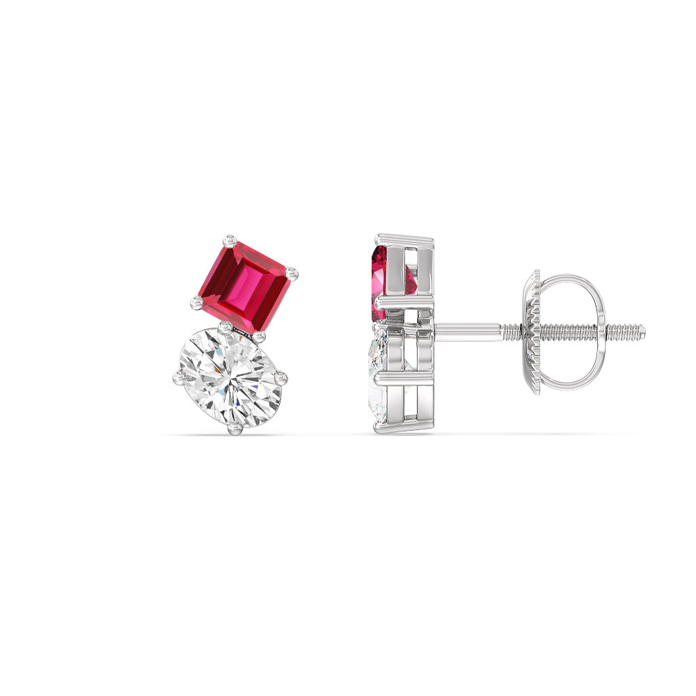 Toi Et Moi Created Ruby Square Emerald and Oval Diamond Stud Earrings with 14KT White Gold Cut Diamond in 14KT White Gold view 2

