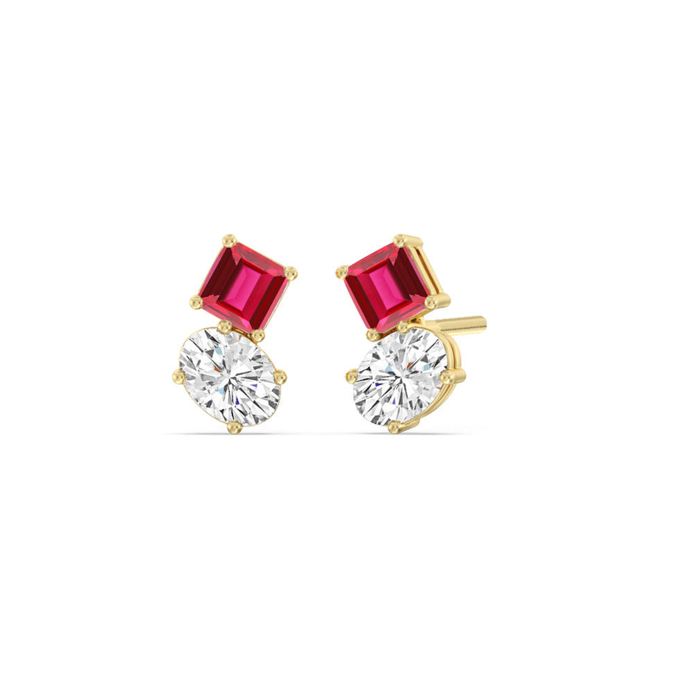 Toi Et Moi Created Ruby Square Emerald and Oval Diamond Stud Earrings with 14KT Yellow Gold Cut Diamond in 14KT Yellow Gold view 1
