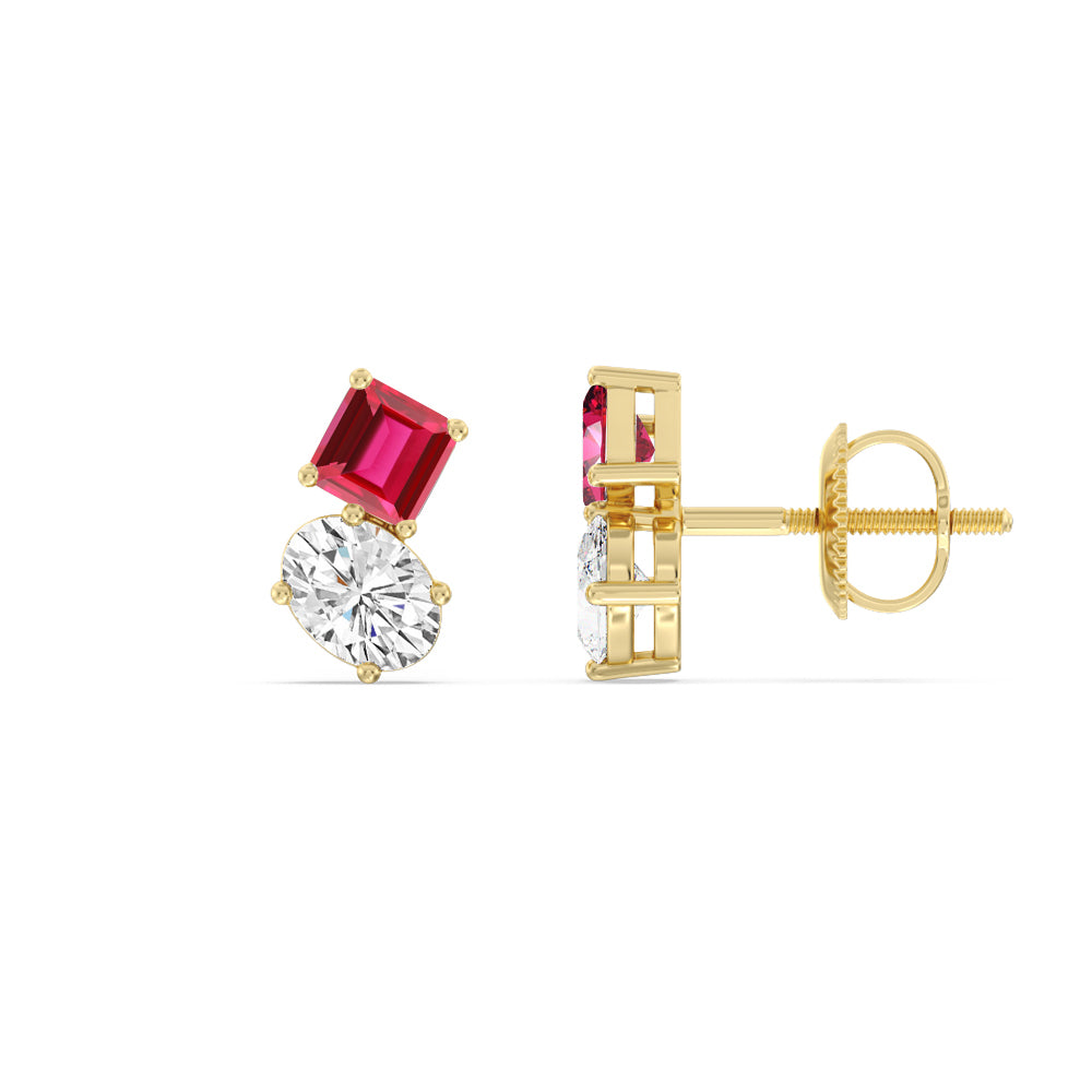 Toi Et Moi Created Ruby Square Emerald and Oval Diamond Stud Earrings with 14KT Yellow Gold Cut Diamond in 14KT Yellow Gold view 2
