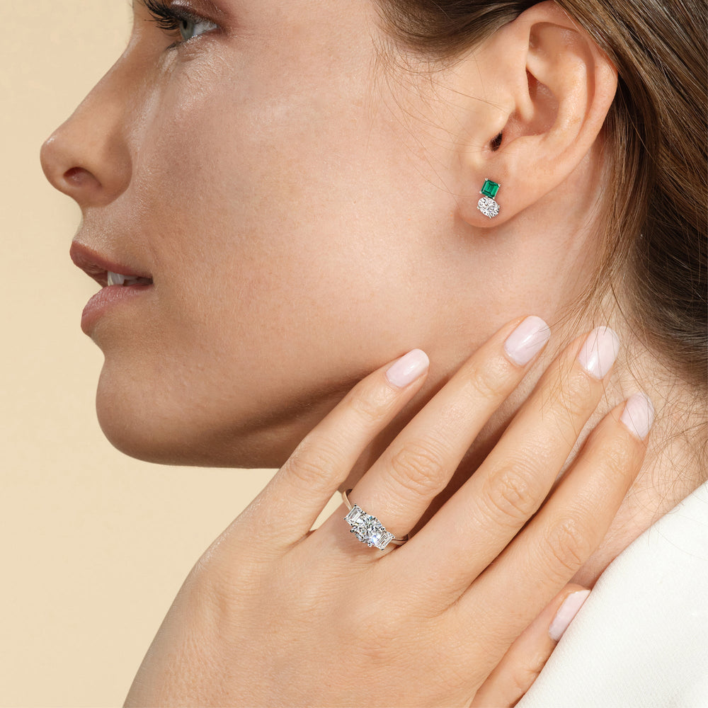 Model Wearing Toi Et Moi Created Square Emerald and Oval Diamond Stud Earrings view