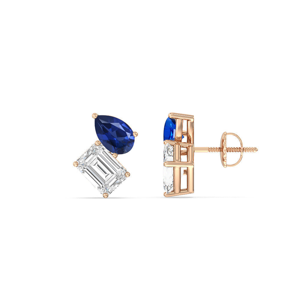 Toi Et Moi Created Sapphire Pear and Emerald Diamond Stud Earrings with 14KT Rose Gold Cut Diamond in 14KT Rose Gold view 2
