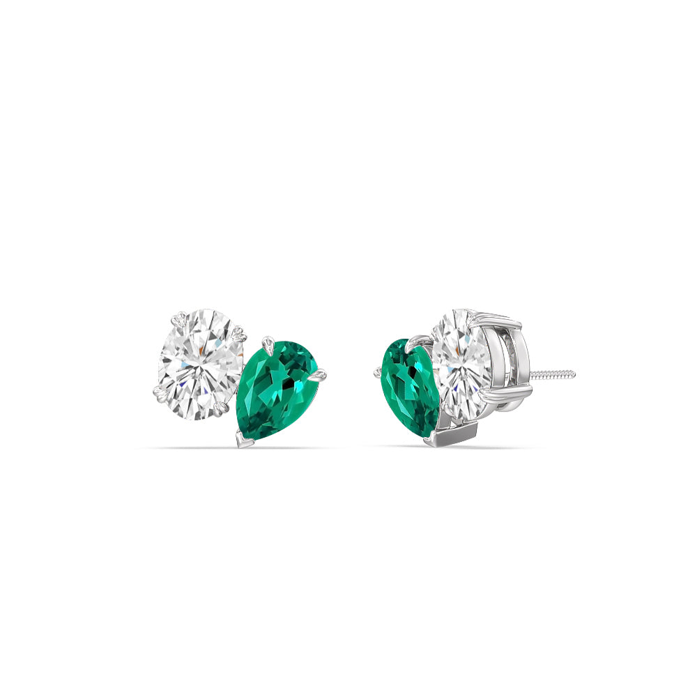 Toi et Moi Created Emerald Pear and Oval Diamond Stud Earrings with Sterling Silver Cut Diamond in 14KT Sterling Silver view 1
