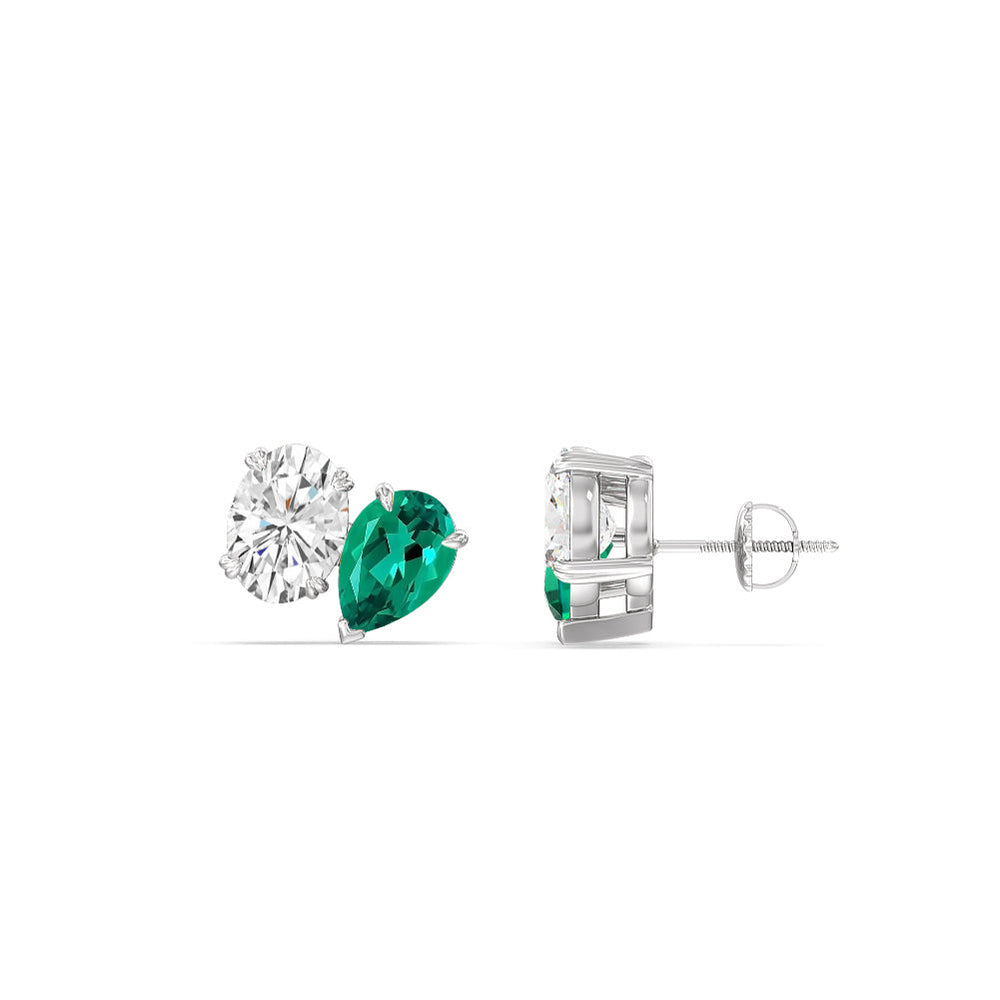 Toi et Moi Created Emerald Pear and Oval Diamond Stud Earrings with Sterling Silver Cut Diamond in 14KT Sterling Silver view 2
