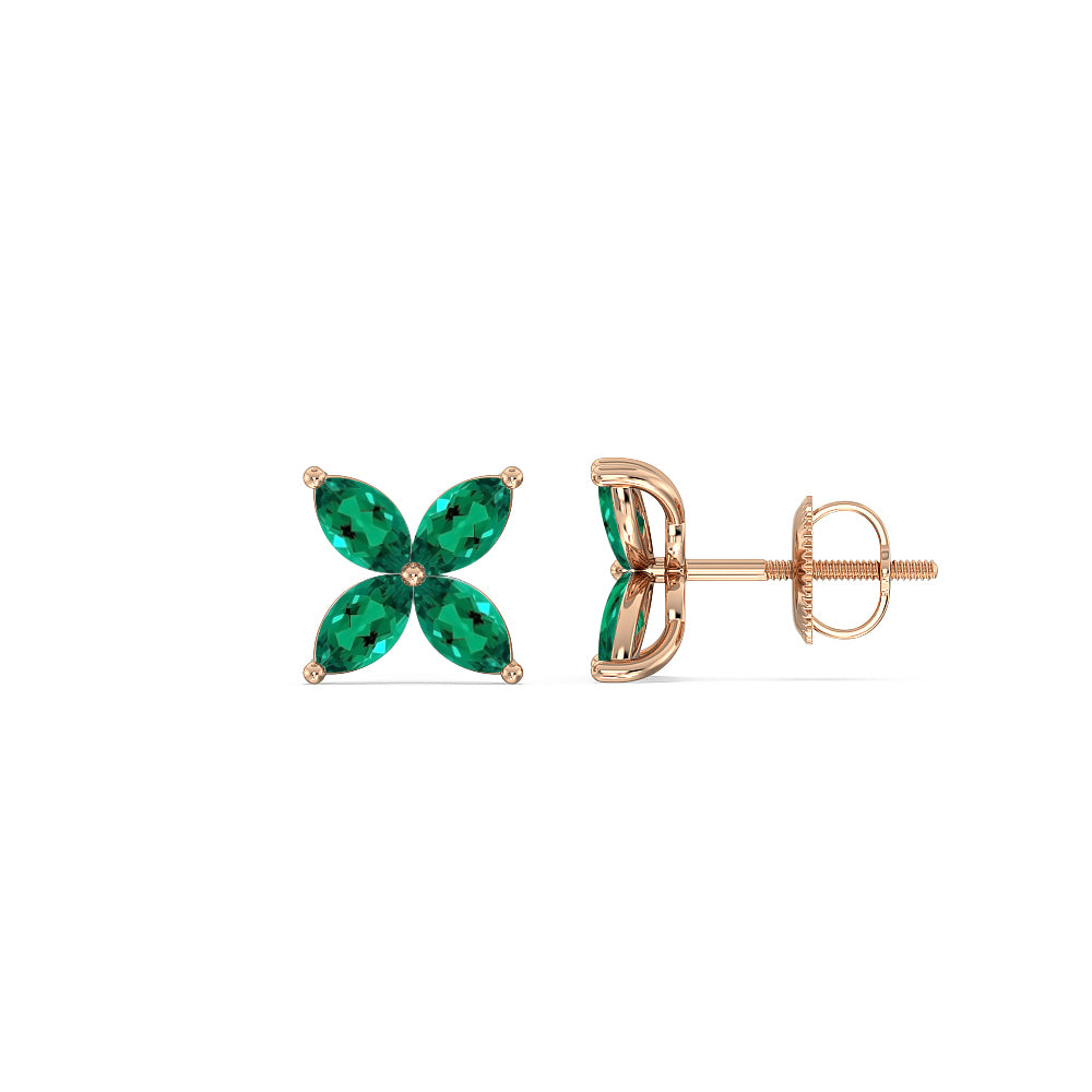 Emerald Wildflower Studs with 14KT Rose Gold Cut Diamond in 14KT Rose Gold view 2
