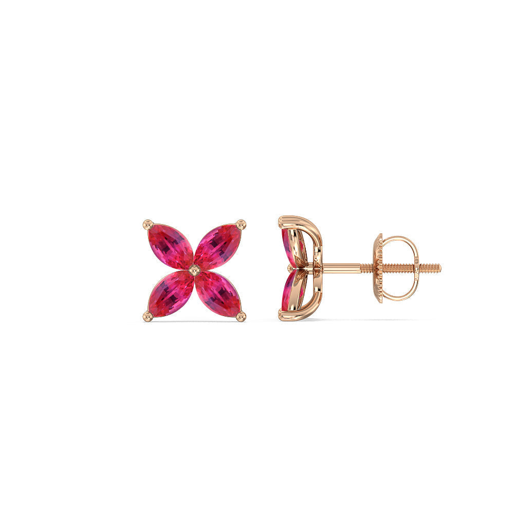 Ruby Wildflower Studs with 14KT Rose Gold Cut Diamond in 14KT Rose Gold view 2
