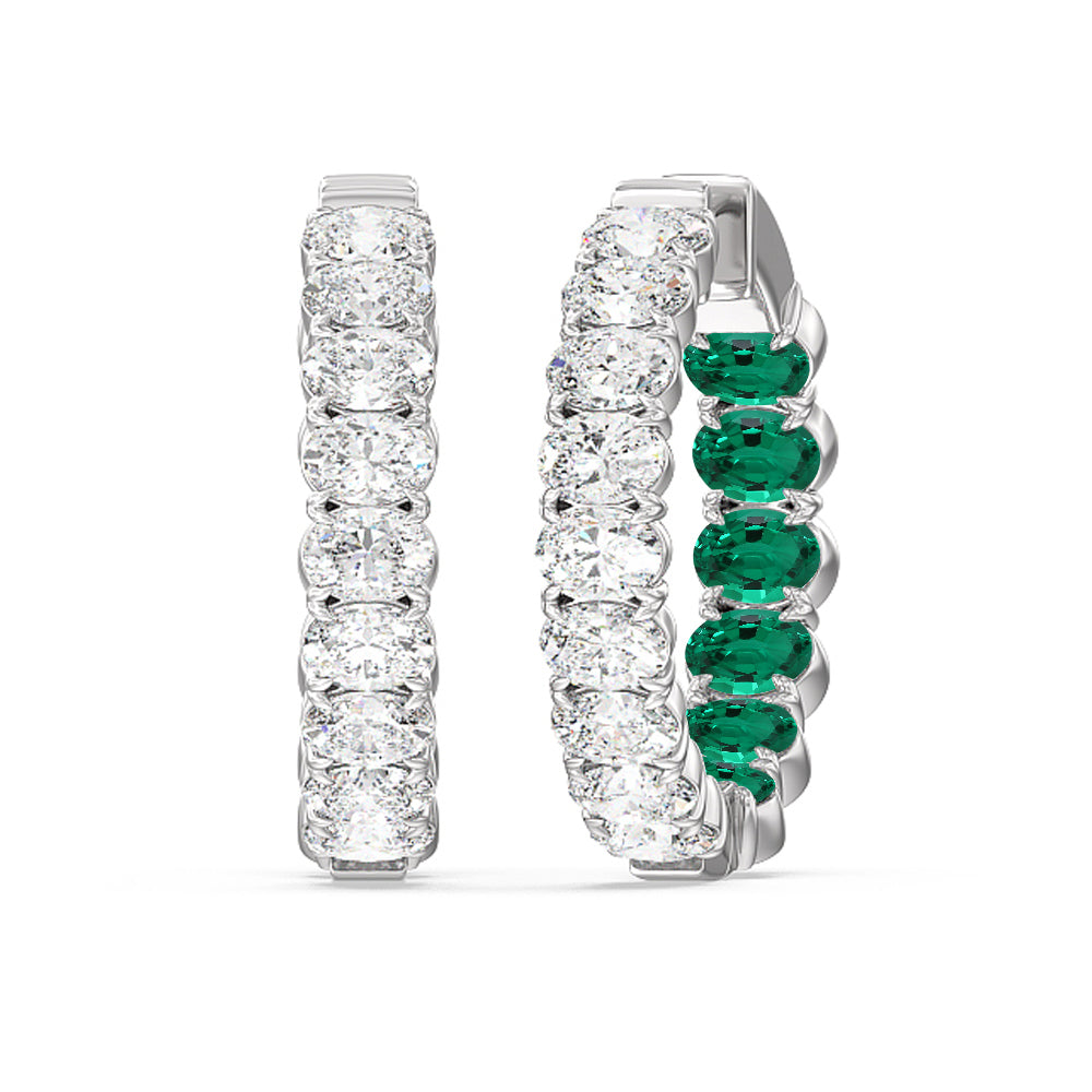 Inside-Out Oval Shape Diamond And Created Emerald Hoop Earring with 14KT White Gold Cut Diamond in 14KT White Gold view 1
