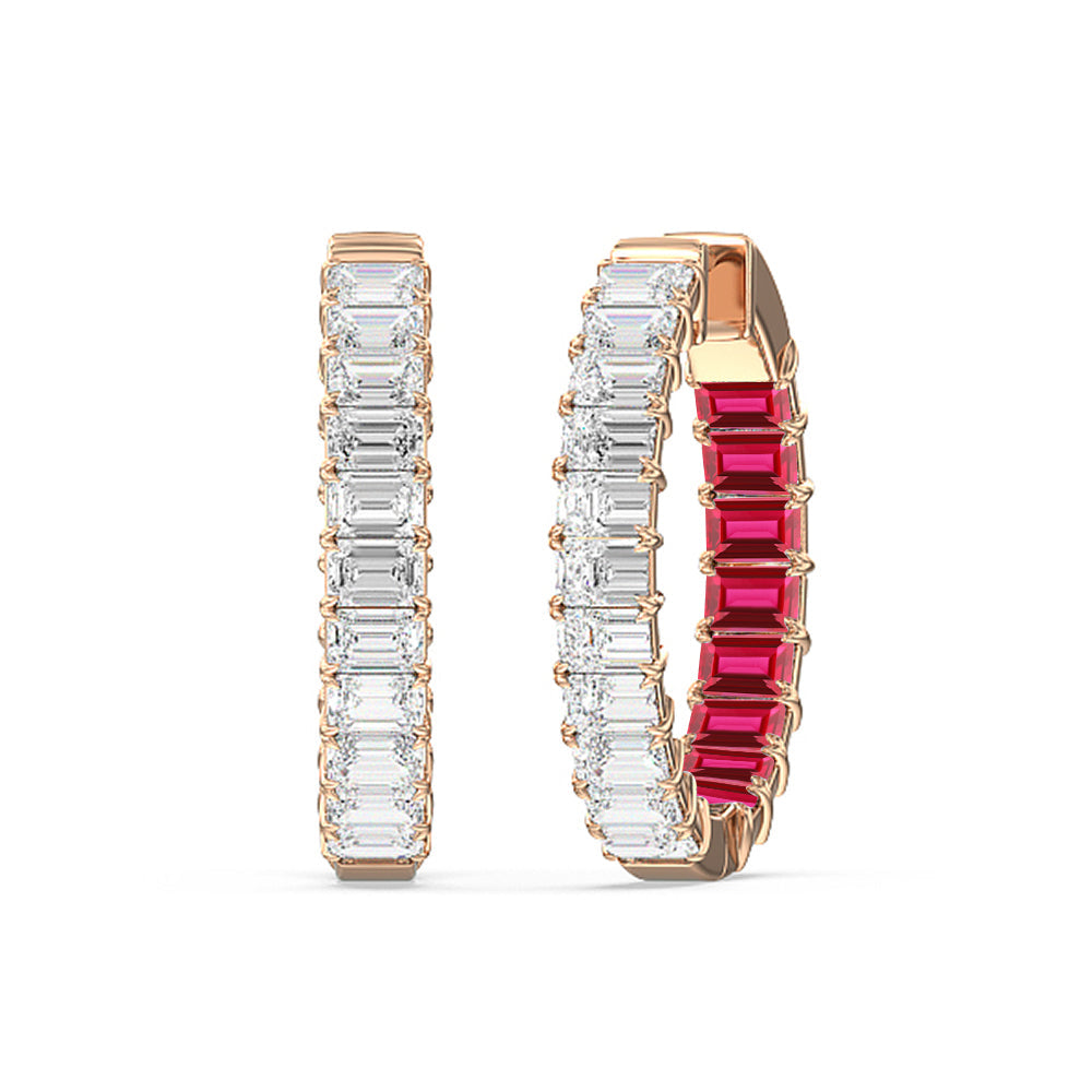 Inside-Out Emerald Shape Diamond And Created Ruby Hoop Earring with 14KT Rose Gold Cut Diamond in 14KT Rose Gold view 1
