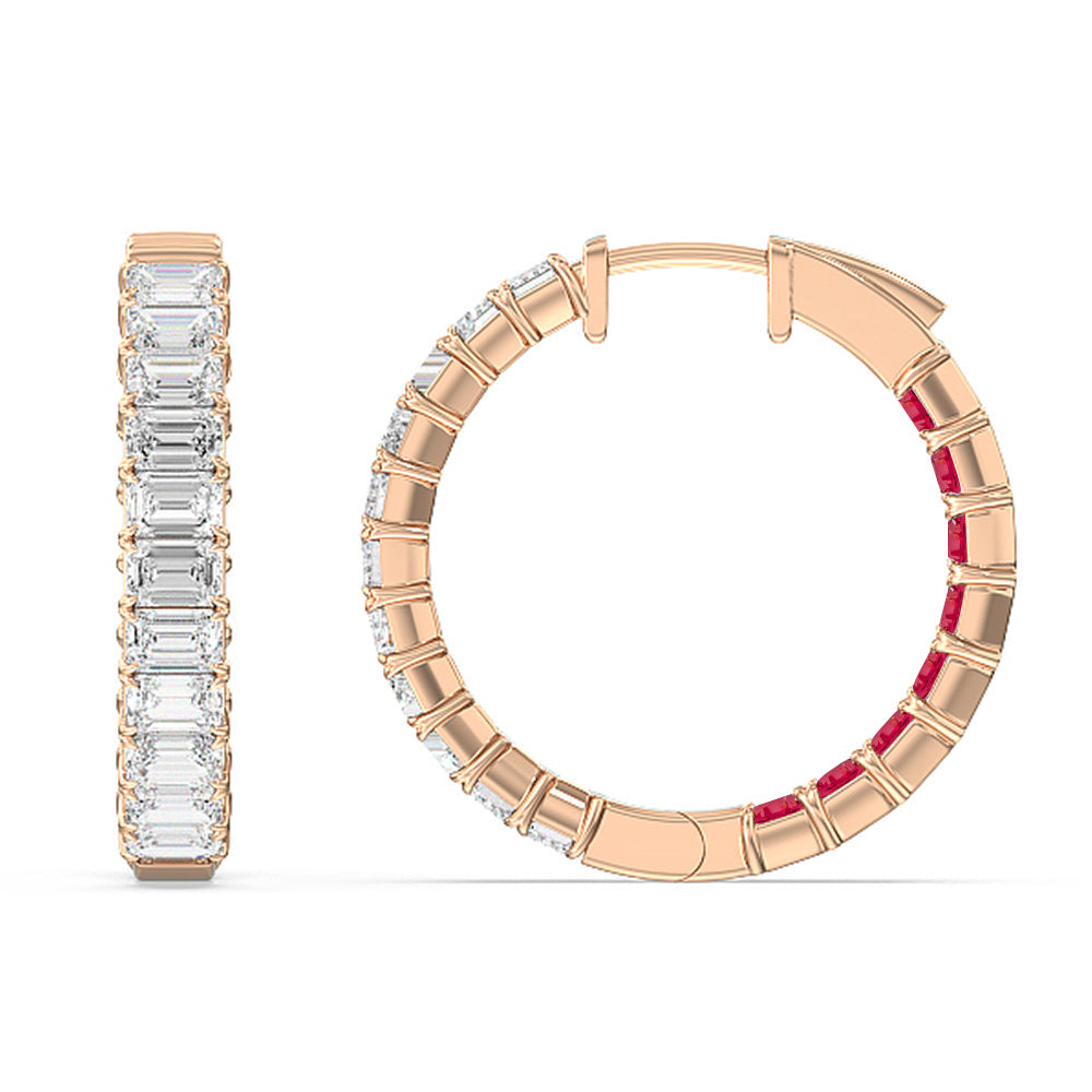 Inside-Out Emerald Shape Diamond And Created Ruby Hoop Earring with 14KT Rose Gold Cut Diamond in 14KT Rose Gold view 2
