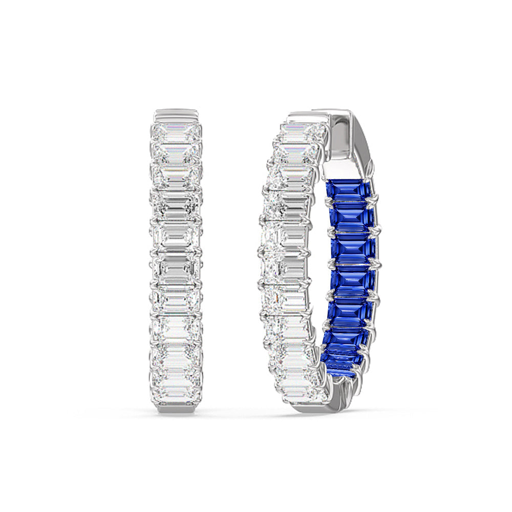 Inside-Out Emerald Shape Diamond And Created Sapphire Hoop Earring with 14KT White Gold Cut Diamond in 14KT White Gold view 1
