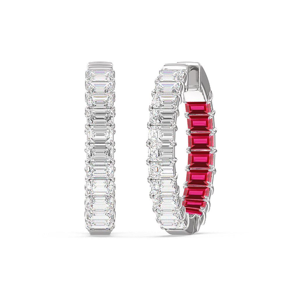 Inside-Out Emerald Shape Diamond And Created Ruby Hoop Earring with 14KT White Gold Cut Diamond in 14KT White Gold view 1
