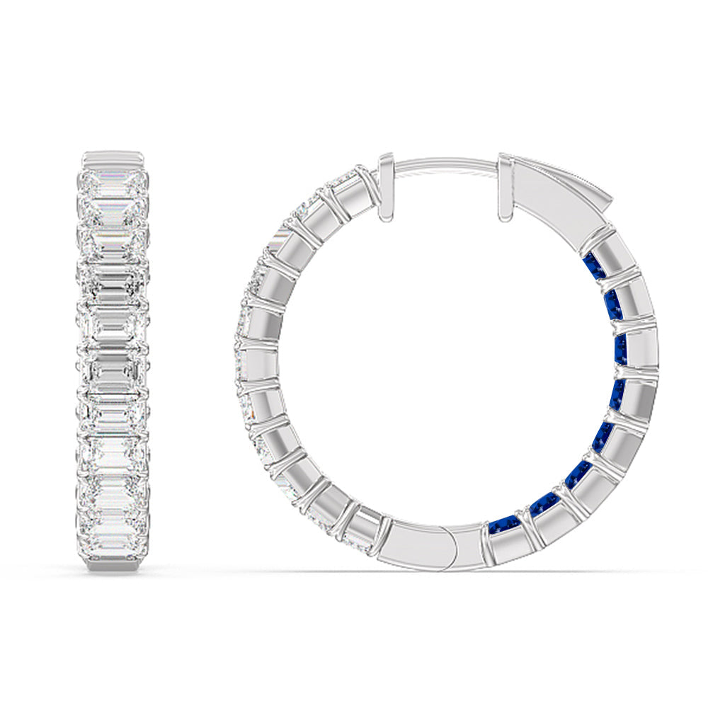 Inside-Out Emerald Shape Diamond And Created Sapphire Hoop Earring with 14KT White Gold Cut Diamond in 14KT White Gold view 2

