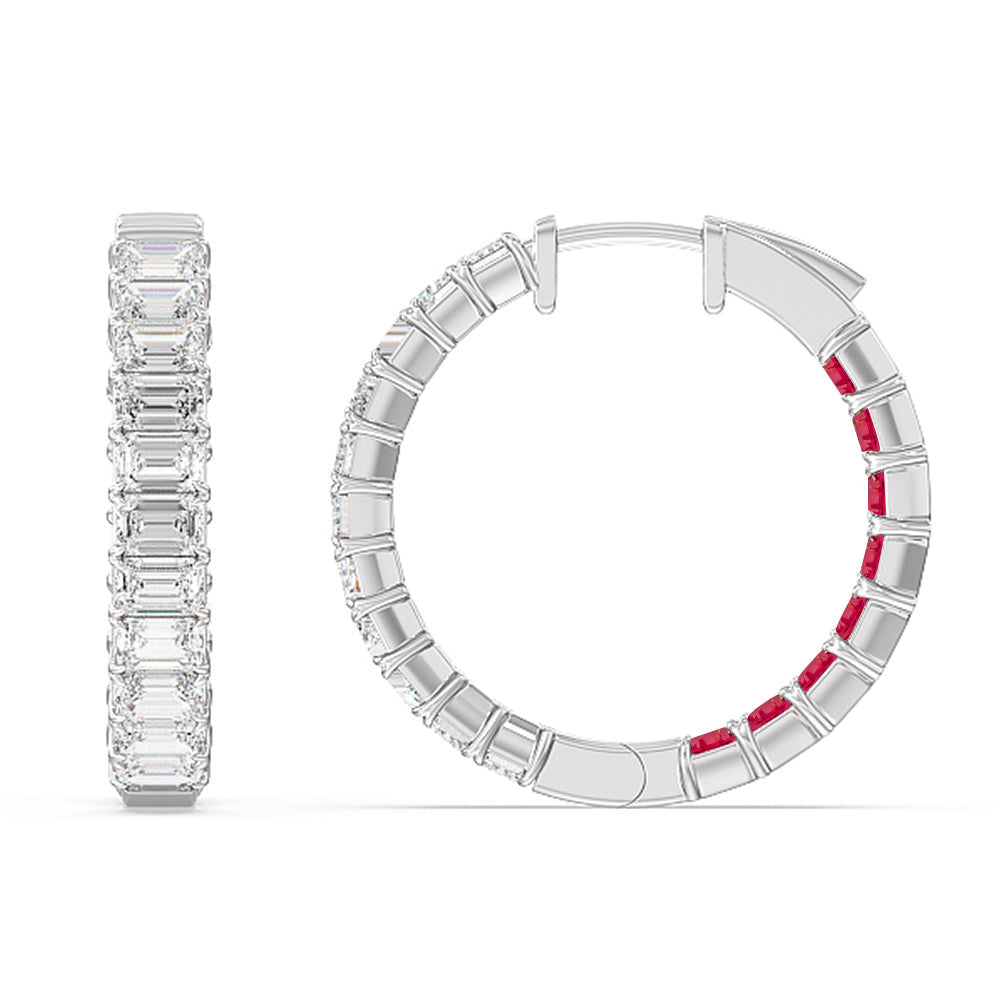 Inside-Out Emerald Shape Diamond And Created Ruby Hoop Earring with 14KT White Gold Cut Diamond in 14KT White Gold view 2
