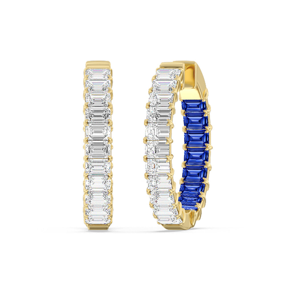 Inside-Out Emerald Shape Diamond And Created Sapphire Hoop Earring with 14KT Yellow Gold Cut Diamond in 14KT Yellow Gold view 1
