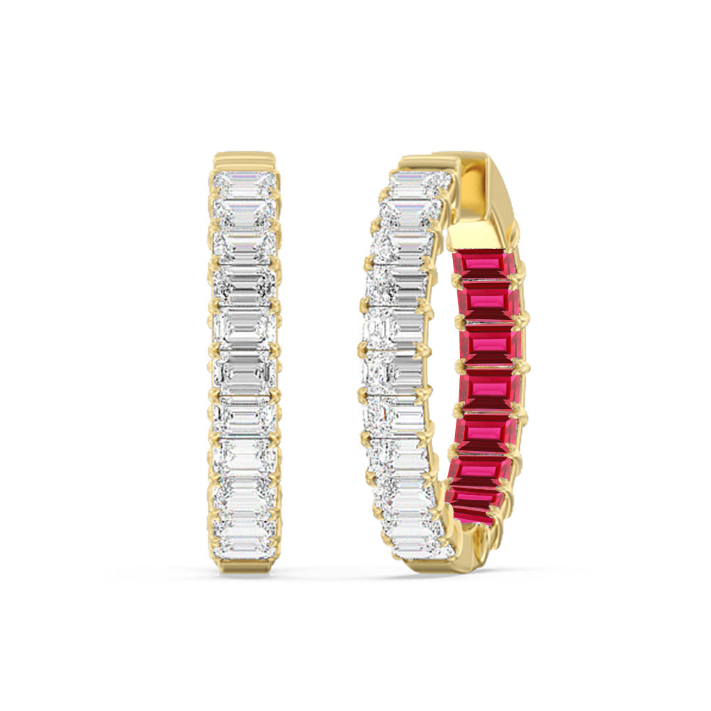 Inside-Out Emerald Shape Diamond And Created Ruby Hoop Earring with 14KT Yellow Gold Cut Diamond in 14KT Yellow Gold view 1
