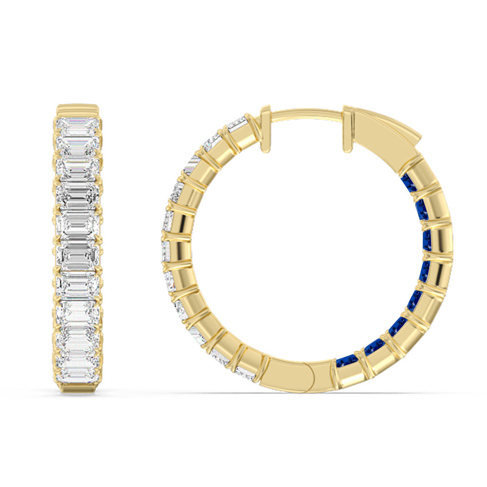Inside-Out Emerald Shape Diamond And Created Sapphire Hoop Earring with 14KT Yellow Gold Cut Diamond in 14KT Yellow Gold view 2
