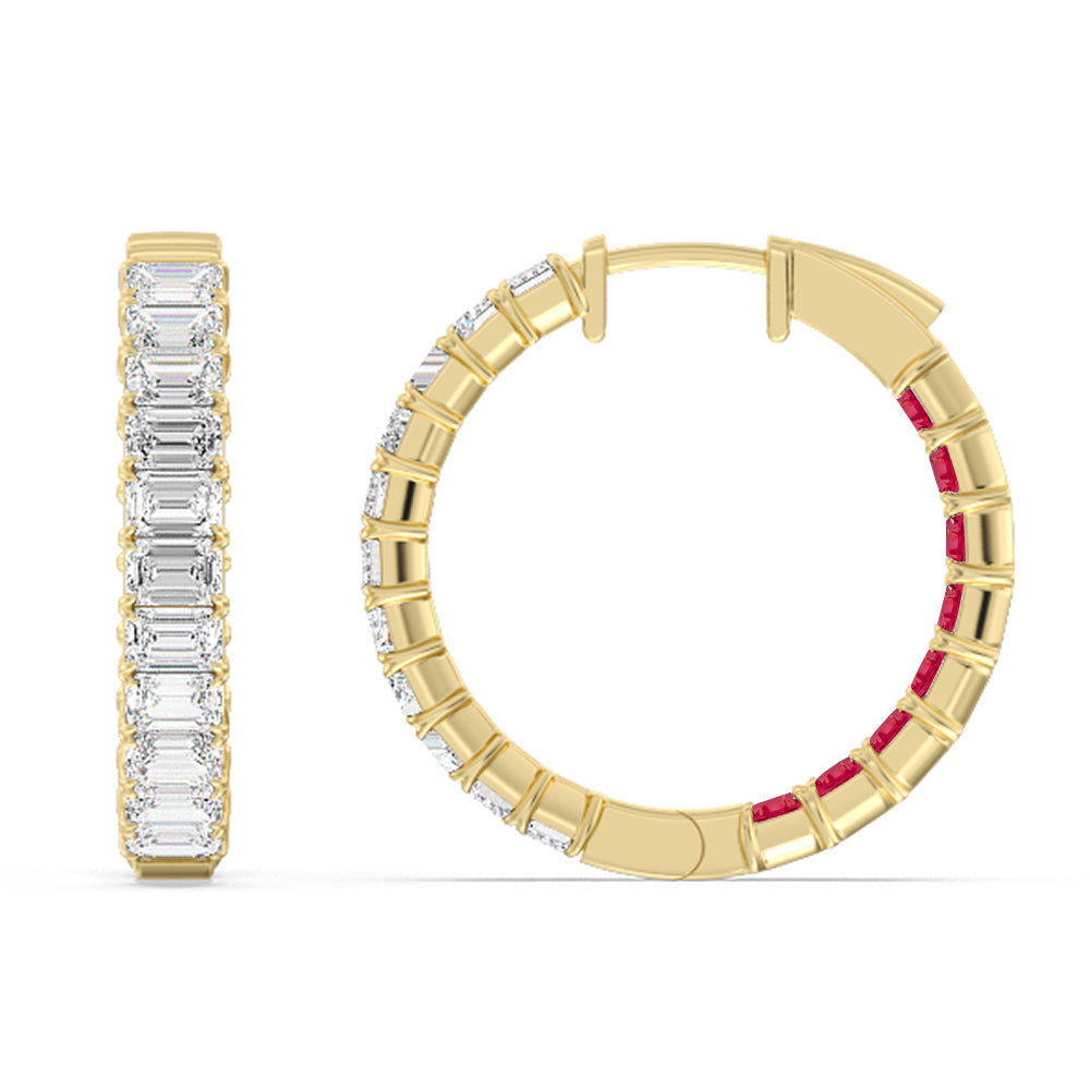 Inside-Out Emerald Shape Diamond And Created Ruby Hoop Earring with 14KT Yellow Gold Cut Diamond in 14KT Yellow Gold view 2
