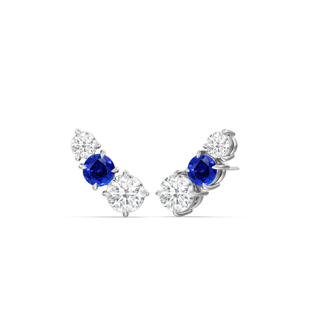 Trilogy Graduating Climber Diamond and Created Sapphire Earrings with Sterling Silver Cut Diamond in 14KT Sterling Silver view 1
