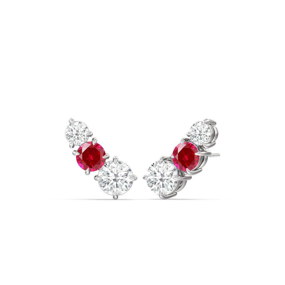 Trilogy Graduating Climber Diamond and Created Ruby Earrings with Sterling Silver Cut Diamond in 14KT Sterling Silver view 1
