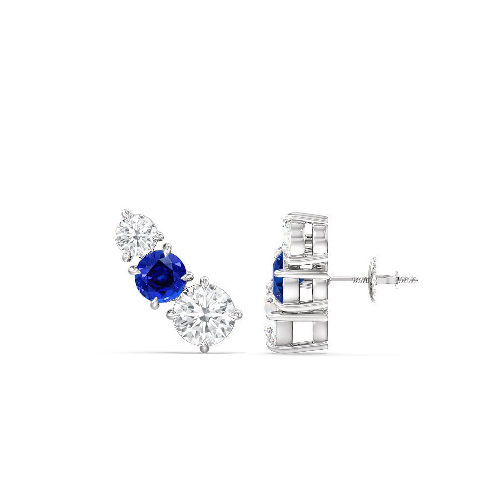 Trilogy Graduating Climber Diamond and Created Sapphire Earrings with Sterling Silver Cut Diamond in 14KT Sterling Silver view 2
