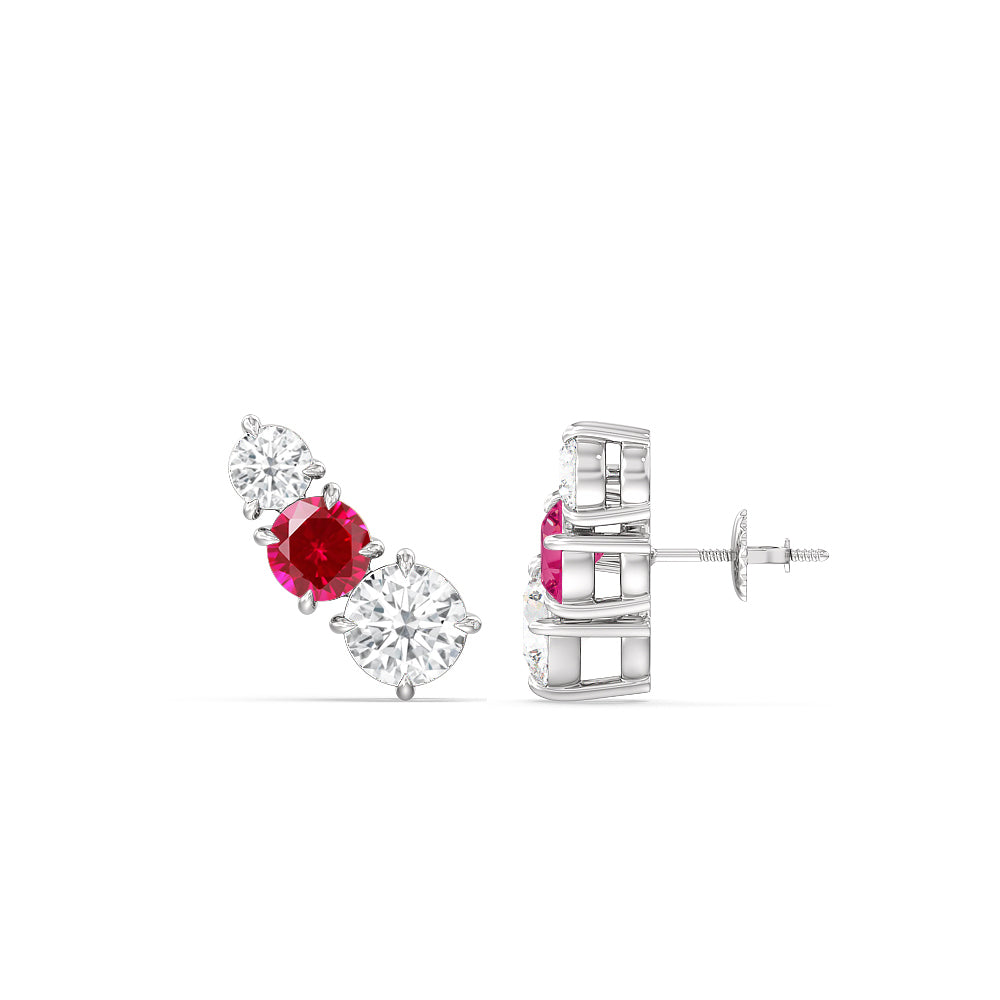 Trilogy Graduating Climber Diamond and Created Ruby Earrings with Sterling Silver Cut Diamond in 14KT Sterling Silver view 2
