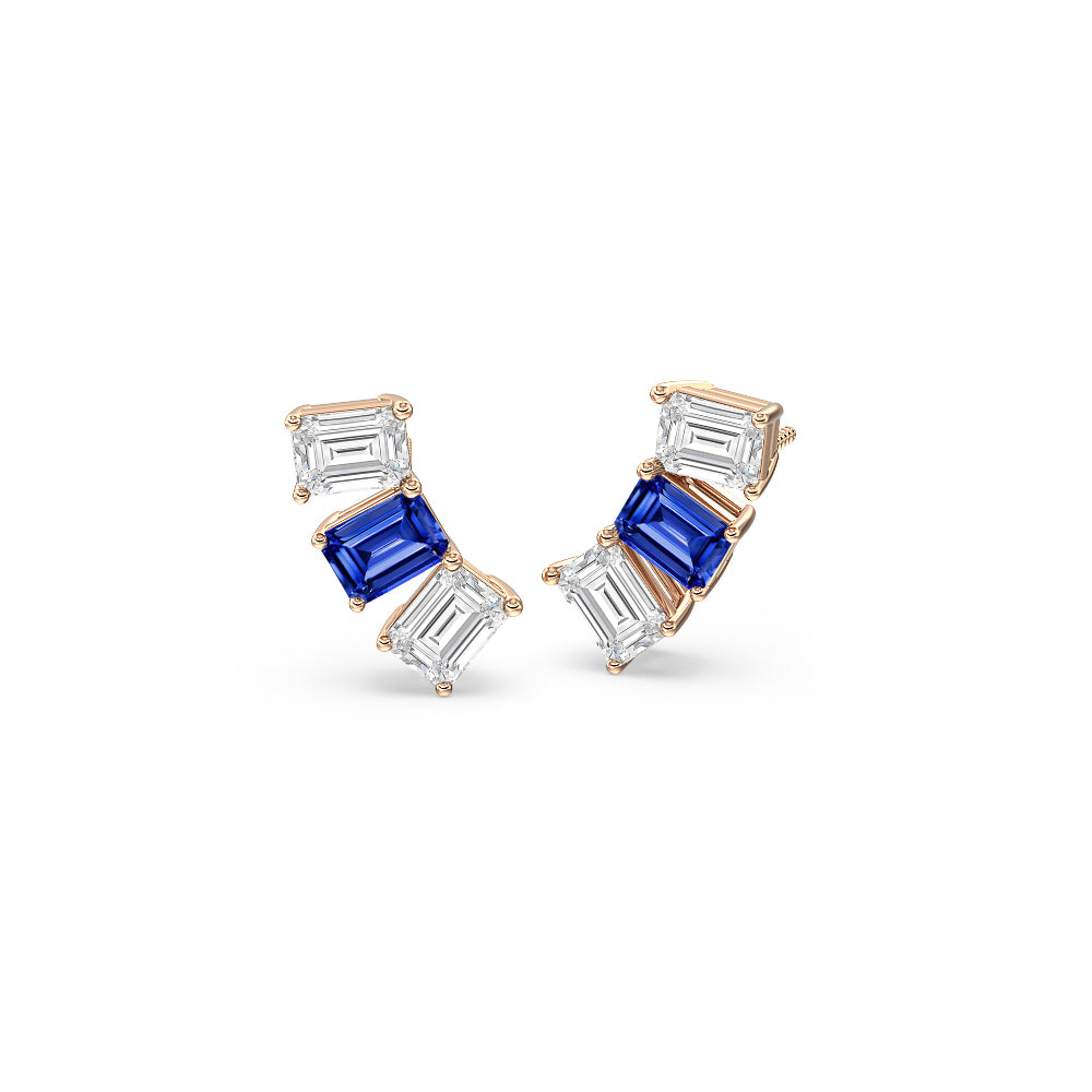 Trilogy Emerald Cut Diamond And Created Sapphire Climber Earrings with 14KT Rose Gold Cut Diamond in 14KT Rose Gold view 1
